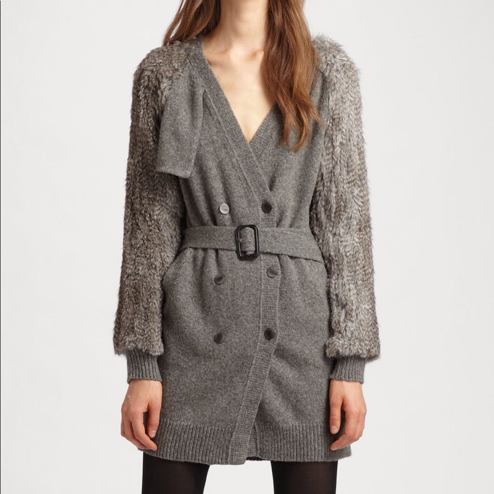 Phillip Lim Knit Trench Cardigan with Fur Sleeves